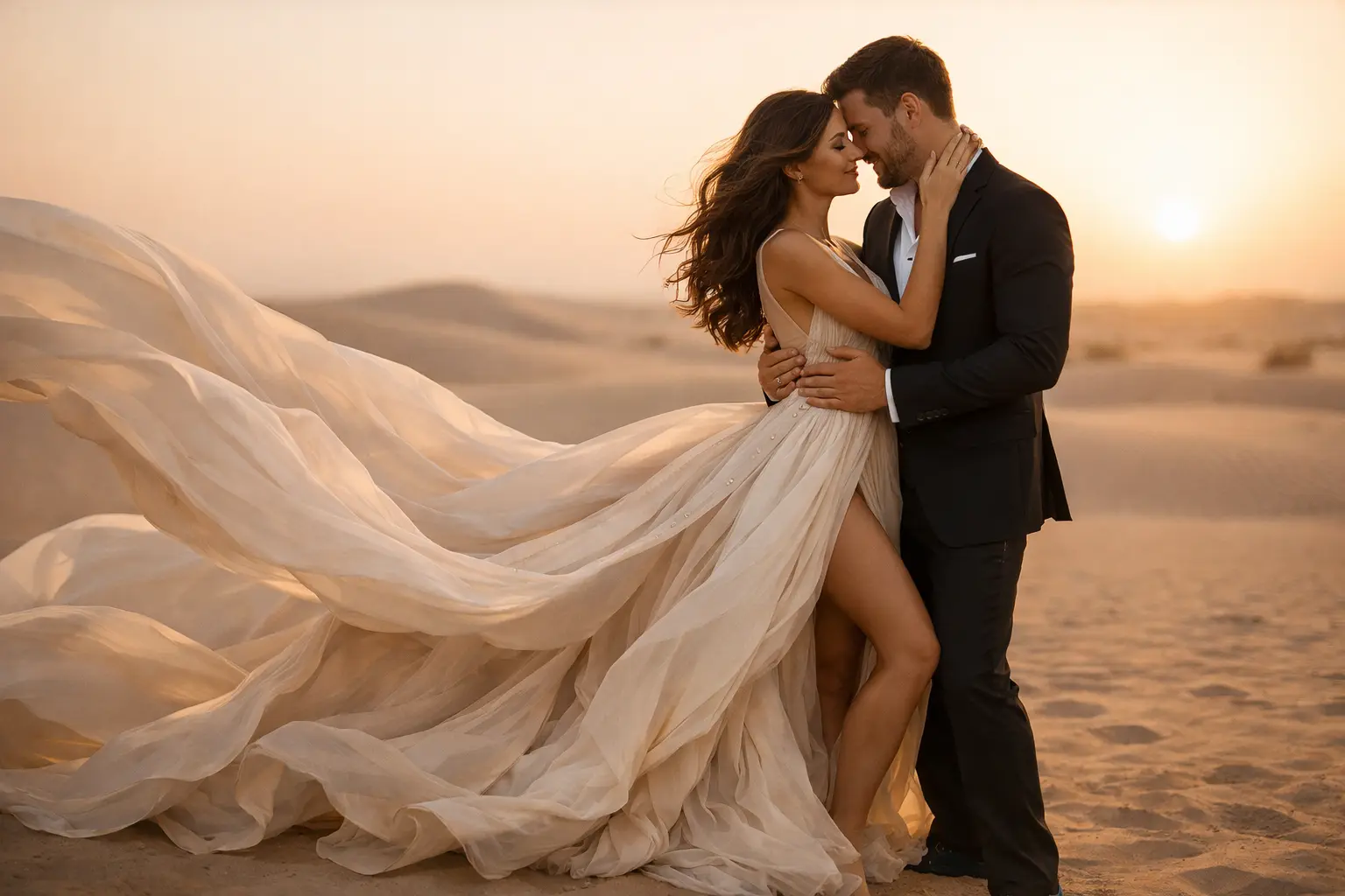 Romantic Couple Desert Flying Dress Photoshoot